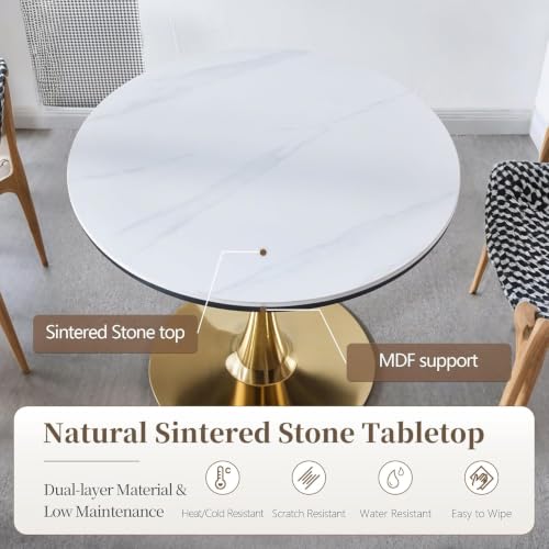 31.5" Round Dining Table, Sintered Stone Tulip Table with Gold Metal Pedestal Base, Modern Leisure Dining Table for Small Space, Kitchen, Dining Room (White and Gold) - color: White and Gold