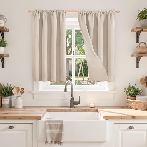 BGment Linen Blackout Curtains 36 Inch Length for Kitchen Window, Small Room Darkening Drapes Natural Beige with Rod Pocket for Bedroom Privacy, 2 Panels Set, Each 30 Inch Wide - color: Natural, size: 30"W x 36"L (Pack of 2)