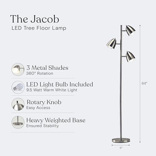 Brightech Jacob LED Standing Lamp, Modern Bright Floor Lamps for Living Rooms & Bedrooms, Tall LED Lighting Lamp with Adjustable 3 Light Tree – Satin Nickel - color: Nickel