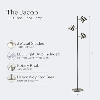 Brightech Jacob LED Standing Lamp, Modern Bright Floor Lamps for Living Rooms & Bedrooms, Tall LED Lighting Lamp with Adjustable 3 Light Tree – Satin Nickel - color: Nickel