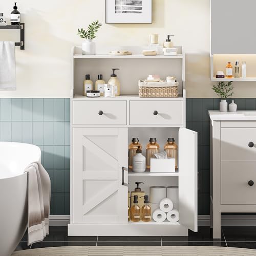 Farmhouse Bathroom Storage Cabinet with 2 Drawers & 2 Doors, Kitchen Cabinet Cupboard with Adjustable Shelves, Floor Storage Cabinet for Kitchen/Living Room/Bedroom, White