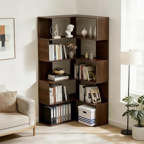 6 Tier Corner Bookshelf, 66" Tall L Shaped with Baffle, Freestanding Display Corner Shelf, Wooden Bookcase with Open Shelf Units for Living Room, Bedroom, Home Office, Walnut