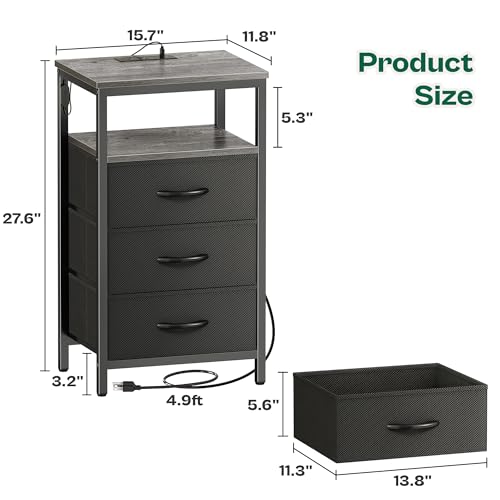 Huuger Night Stand with Charger Station and LED Lights, 3 Drawer Nightstand | Bed Side Table with Open ShelfEnd TableTall Fabric Dresser for Bedroom, Grey - color: Grey, size: 11.8"D x 15.7"W x 27.6"H（3 Drawers）