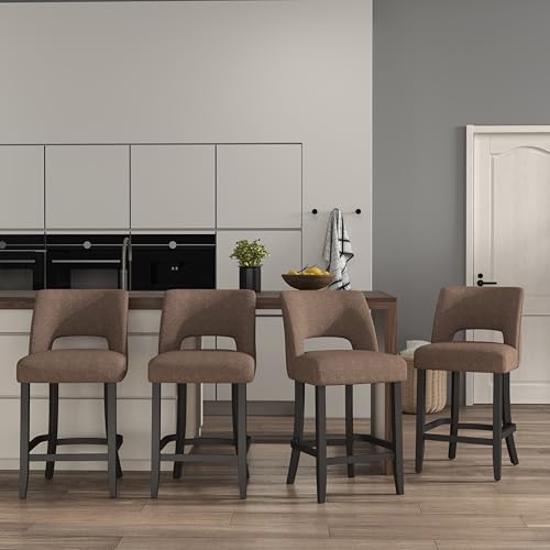 VKNOW Bar Stools Set of 4, 26" Upholstered Counter Height Bar Stools | Modern Counter Stools with Black Rubberwood Legs for Kitchen Island Dining Room Bar, Brown-Black Legs - color: Brown-black Legs, size: Set of 4