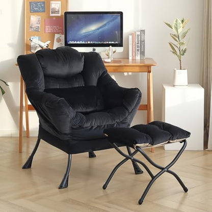 Lazy Chair with Ottoman, Velvet Reading Chair with Pillow， Black | Comfy Accent Lounge Chair with Pillow & folding Foot Stool, sturdy metal frame for bedroom, dorm or apartment, Living Room - color: Pure Black