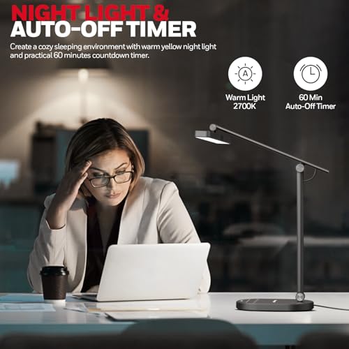 Honeywell HWT-H4 LED Desk Lamp, Eye-Caring, Dimmable, Auto Sensor | CRI97 Sunturalux LED, flicker-free eye care, 3 color temperatures, 5 brightness levels, auto dimming sensor, 60-min timer - color: Black