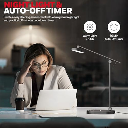 Honeywell HWT-H4 LED Desk Lamp, Eye-Caring, Dimmable, Auto Sensor | CRI97 Sunturalux LED, flicker-free eye care, 3 color temperatures, 5 brightness levels, auto dimming sensor, 60-min timer - color: Black