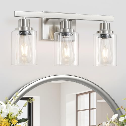 3-Light Bathroom Light Fixtures, Nickel Bathroom Vanity Light with Clear Glass Shade, Modern Bathroom Wall Lights Over Mirror, Farmhouse Wall Sconces Lighting for Bedroom Living Room - color: Nickel, size: 3-light