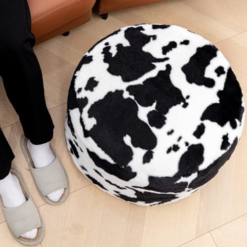 Poofieotto Round Pouf Ottoman 20 x 20 x 14 Inches Black White Cow Print | Ottoman Foot Rest,Foot Stool,Floor Pouf, Coffee Table,Foot Rest for Couch Sofa, Bean Bag Chair for Living Room Bedroom - color: Black White Cow Print