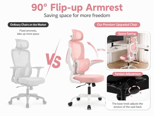 Ergonomic Office Chair with Adjustable Headrest & Lumbar Support, High Back Mesh Desk Chair, 330 LBS Capacity Swivel Computer Chair with Flip-Up Arms, Home Office Gaming Chair(Pink) - color: Pink
