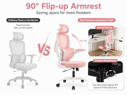 Ergonomic Office Chair with Adjustable Headrest & Lumbar Support, High Back Mesh Desk Chair, 330 LBS Capacity Swivel Computer Chair with Flip-Up Arms, Home Office Gaming Chair(Pink) - color: Pink