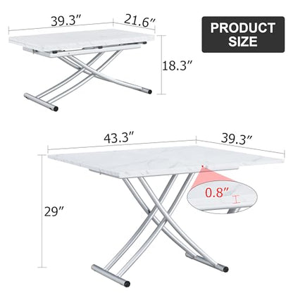 Liftable Folding Dining Table for 4, Adjustable Drop Leaf Table, Folding Coffee Table for Small Spaces, Scratch-Resistant Wood Top with Metal Frame for Apartment Kitchen Living Room - color: White-silver