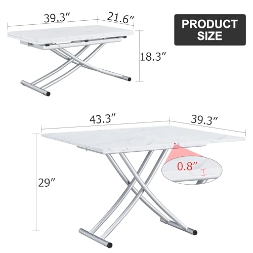 Liftable Folding Dining Table for 4, Adjustable Drop Leaf Table, Folding Coffee Table for Small Spaces, Scratch-Resistant Wood Top with Metal Frame for Apartment Kitchen Living Room - color: White-silver