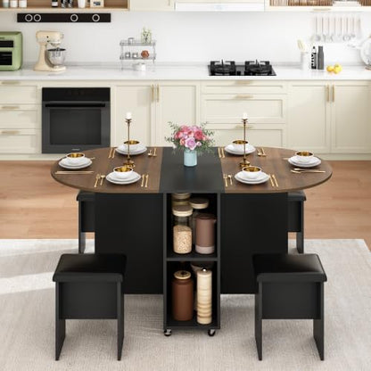 5 PCS Farmhouse Dining Table Set for 4,60" Large Round Folding Dining Table Set w/ 4 Leather Chairs, Drop Leaf Oval Modern Kitchen Table for Small Spaces,6 Wheels,2-Layer Storage Shelf,Walnut - color: Walnut