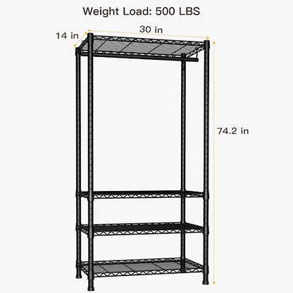 H2 Heavy Duty Clothes Rack, Freestanding 4 Tiers Garment Rack for Hanging Clothes with Shelves and Hangers, Closet Organizers and Storage Metal Closet Wardrobe System, Max Load 500 LBS, Black | Metal Closet System for Hanging Clothes with Shelves and Hang