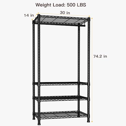 H2 Heavy Duty Clothes Rack, Freestanding 4 Tiers Garment Rack for Hanging Clothes with Shelves and Hangers, Closet Organizers and Storage Metal Closet Wardrobe System, Max Load 500 LBS, Black | Metal Closet System for Hanging Clothes with Shelves and Hang