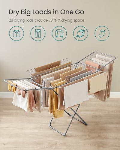 SONGMICS Clothes Drying Rack, Foldable, Heavy Duty, 4 Gullwings | Laundry Drying Rack for Hanging Clothes, Gray, BUNJI Collection ULLR541G01 - color: Gray, style: 4 Gullwings（31.7"D)
