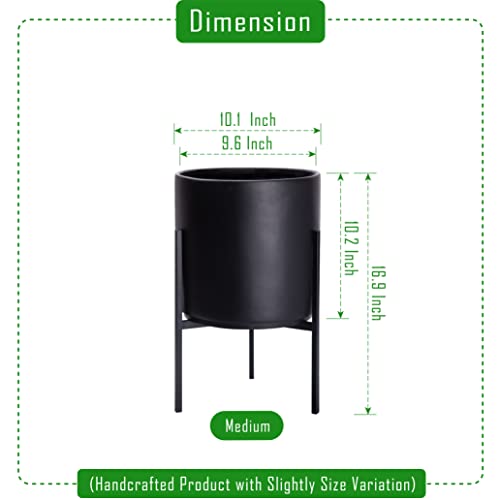 D'vine Dev Cylinder Planter Pot with Metal Stand, Black, 10 in, 96-T-B-2 | Durable Fiberclay Construction, Sleek Modern Design, Heavy-Duty Iron Stand, Drainage Hole & Saucer, Elegant Indoor Display - color: Black, size: Medium 10 Inch