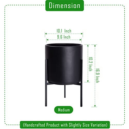 D'vine Dev Cylinder Planter Pot with Metal Stand, Black, 10 in, 96-T-B-2 | Durable Fiberclay Construction, Sleek Modern Design, Heavy-Duty Iron Stand, Drainage Hole & Saucer, Elegant Indoor Display - color: Black, size: Medium 10 Inch