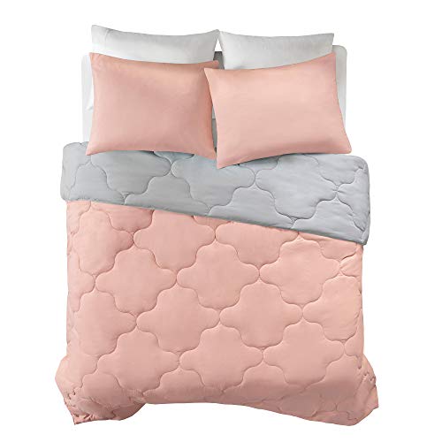 Comfort Spaces Vixie Reversible Comforter Set - Trendy Casual Geometric Quilted Cover, All Season Down Alternative Cozy Bedding, Matching Sham, Coral/Gray, Twin/Twin XL 2 piece | Down Alternative, All Season, Bedding for Bedroom, Geometric Pattern, Revers