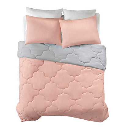 Comfort Spaces Vixie Reversible Comforter Set - Trendy Casual Geometric Quilted Cover, All Season Down Alternative Cozy Bedding, Matching Sham, Coral/Gray, Twin/Twin XL 2 piece | Down Alternative, All Season, Bedding for Bedroom, Geometric Pattern, Revers