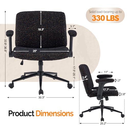 VINGLI Criss Cross Chair with Adjustable Flip-Up Arms,Cross Legged Chair with Wheels,Extra Wide Office Chair,Desk Chair for Home Office,Vanity,Bedroom, Apartment,Starry Chenille,Black - color: Black
