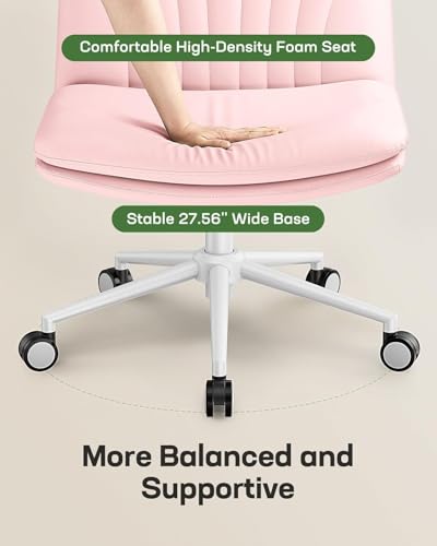 Marsail Armless-Office Desk Chair with Wheels: PU Leather Cross Legged Wide Chair,Comfortable Adjustable Swivel Computer Task Chairs for Home,Office,Make Up,Small Space,Bed Room, Pink - color: Pink