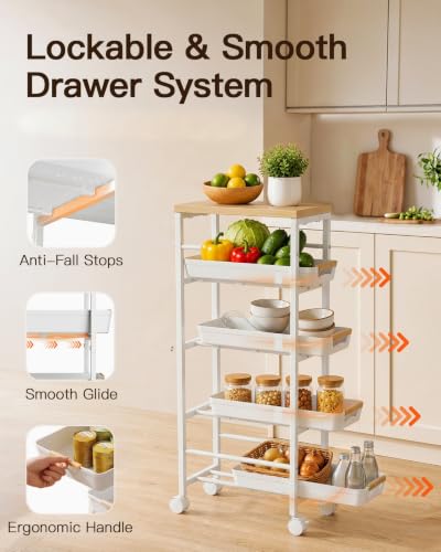 Pipishell Slim Storage Cart with Drawers & Lockable Wheels, 5 Tier Kitchen Cart with Safety Stops & Vented Design, Wood Top, Narrow Rolling cart for Kitchen, Bathroom, Laundry Room, White - color: White, size: 7.9”W x 14.6”D x 33.5”H