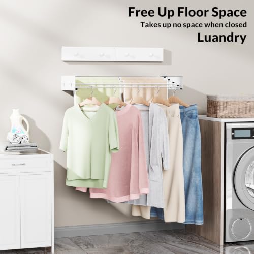 Foldable Wall Mounted Drying Rack, 23.6"Long, Weight Capacity is 60 Lbs | Waterproof and Moisture-Resistant, 4 Towel Hooks and 4 Drying Rods, Space Saving for Bathroom, Balcony, Hallway and Garage