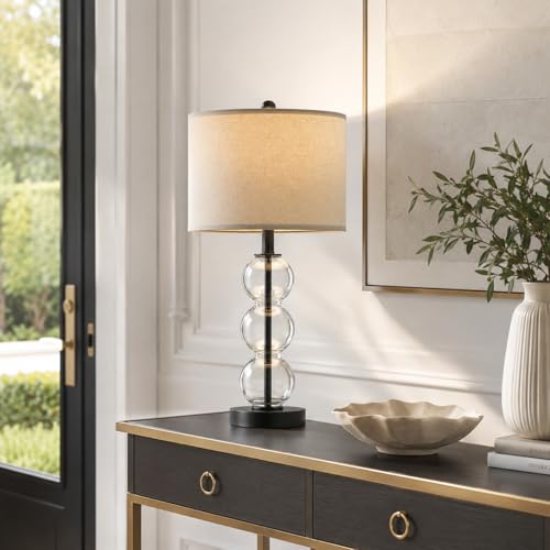 25" Glass Table Lamps Set of 2, Black Modern Table Lamps with USB Ports for Living Room, Linen Shade Bedside Lamps for Bedroom, Nightstand, Side Table (Bulbs not Included) - color: Black