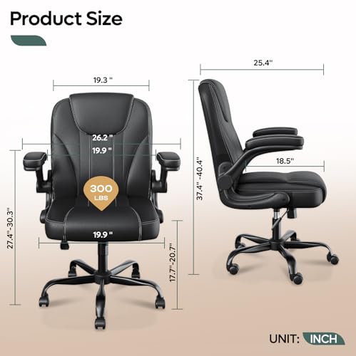 PU Leather Mid-Back Office Chair, Flip-Up Arms, 3.5" Dual-Layer Cushion | PU leather mid-back chair with 3.5" dual-layer cushion, flip-up armrests, swivel wheels, and pneumatic height adjustment - color: Black