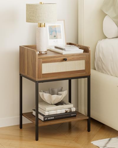 Masupu Rattan Nightstand,3-Tier Modern Bedside Night Stand with Storage Drawer and Shelf,Small End Side Table for Bedroom,Living Room,Walnut Brown (Without Outlet, Brown) - color: Walnut