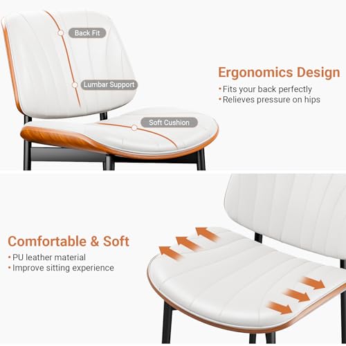 YaFiti Mid Century Dining Chairs Set of 2 with Walnut Bentwood, White | Ergonomic Walnut Backrest, Upholstered Waterproof PU Leather Seat, Stable Metal Legs, Adjustable Footpads, Apartment Friendly - color: White Scallop