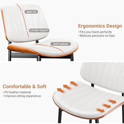 YaFiti Mid Century Dining Chairs Set of 2 with Walnut Bentwood, White | Ergonomic Walnut Backrest, Upholstered Waterproof PU Leather Seat, Stable Metal Legs, Adjustable Footpads, Apartment Friendly - color: White Scallop
