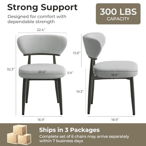Dining Chairs Set of 6, Modern Upholstered Fabric Dining Chairs | Thick Padded Seat, Textured Fabric, Curved Back, Metal Frame, Dining Room, Kitchen, Breakfast Nook, Restaurant, Soft Gray - color: Soft Gray, size: Set of 6