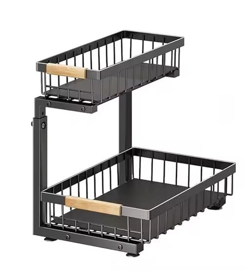 Lumela Under Sink Organizer, 2-Tier Slide-Out Cabinet Organizer Shelf, Height Adjustable Metal Pull-Out Storage Rack with Wood Handle for Kitchen & Bathroom Cabinets (Black)