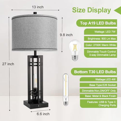 Set of 2 Farmhouse Table Lamps for Living Room,27-inch Bedside Lamps | Grey Shade Desk Lamps with USB A+C Ports, 3-Level Dimmable Touch Light, 4 LED Bulbs Included, Bedroom Home Office Nightstand - color: Gray