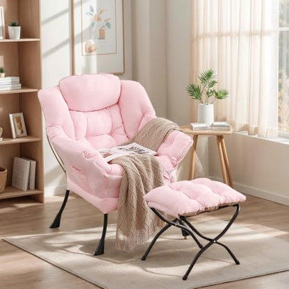 Lazy Chair with Ottoman, Soft Comfy Chair for Bedroom, Pink | Reading Accent Lounge Chair with folding Foot Stool for Living Room Dorm Apartment, sturdy metal frame - color: Pink