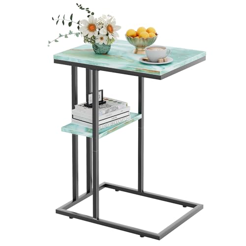 C Shaped End Side Table, Couch Sofa Table for Small Space, Snack Table with Metal Frame, TV Tray Table for Bed, Living Room, Bedroom, Bedside(Sea Blue) - color: Sea Blue+black