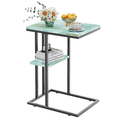 C Shaped End Side Table, Couch Sofa Table for Small Space, Snack Table with Metal Frame, TV Tray Table for Bed, Living Room, Bedroom, Bedside(Sea Blue) - color: Sea Blue+black