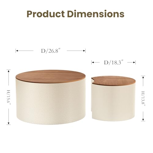Nesting Coffee Table Set of 2, Round, White | Hidden Storage, Leather Wrapped, Stackable End Tables, No Assembly Required, For Small Space Living Room Apartment - color: White