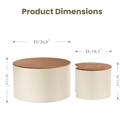 Nesting Coffee Table Set of 2, Round, White | Hidden Storage, Leather Wrapped, Stackable End Tables, No Assembly Required, For Small Space Living Room Apartment - color: White