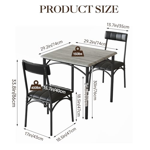 GarveeLife 3-Piece Dining Table Set for 2, Square Kitchen Table & Chairs | Upholstered, Space-Saving Square Kitchen Table Set, Compact Dining Room Furniture for Apartment, Studio - color: Grey