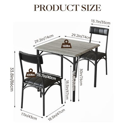 GarveeLife 3-Piece Dining Table Set for 2, Square Kitchen Table & Chairs | Upholstered, Space-Saving Square Kitchen Table Set, Compact Dining Room Furniture for Apartment, Studio - color: Grey