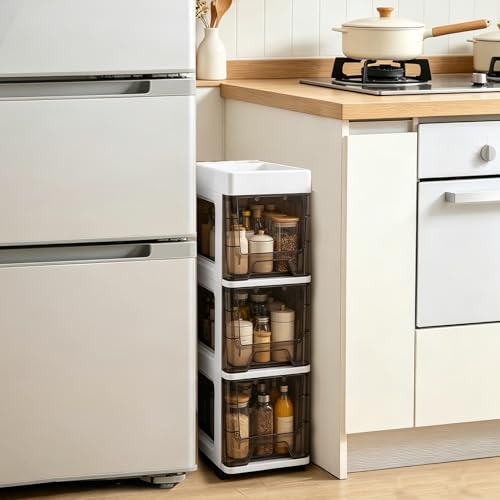 3 Drawer Storage Organizer, Narrow Slim Plastic Storage Drawer Cart with 4 Wheels, 3 Tier Space Saving Storage Tower Box, Narrow Storage Cart for Small Space Bedroom Bathroom Kitchen Pantry Office