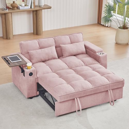66" Multi-Functional Pull-Out Sofa Bed with Hidden Side Table, Storage Armrests, Built-in Charging Port, Spring Mattress, Solid Wood Frame – Ideal for Small Spaces, Easy Assembly - color: 1007--pink