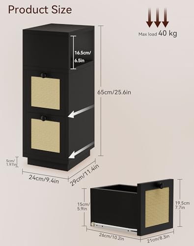 YMYNY Rattan Nightstands Set of 2, Boho Bedside Table with Open Shelf, 2 Drawers, 9.45" x 11.42" x 25.59", Narrow Side Table, Bedside Cabinet for Bedroom and Small Spaces, Black UHST017B-2 - color: Black