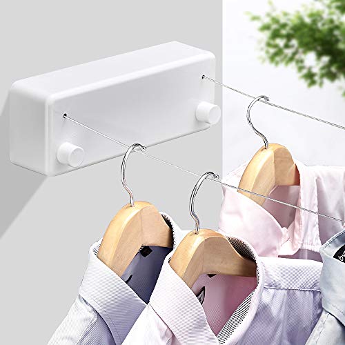 Retractable Double Clothesline Laundry Indoor Washing Clothes Line | Adjustable Stainless Steel Clothes Dryer Rope String, Hotel Style Heavy Duty, 13.8 Feets, Wall Mounted, White ABS Aluminum - size: Double Rope, style: White