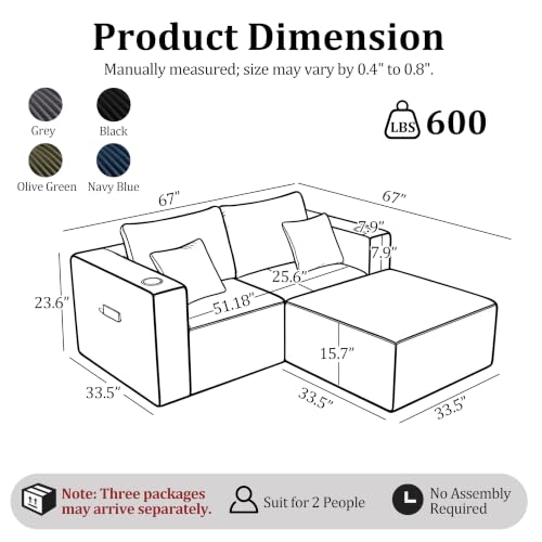 67'' L-Shaped Cloud Modular Sectional Sofa, Modern Corduroy Memory Foam Couch with Cup Holders, Upholstered Boneless Deep Seat Fluffy Loveseat with Ottoman, No Assembly Needed, for Home, Black - color: Black, size: 67'' L-shaped