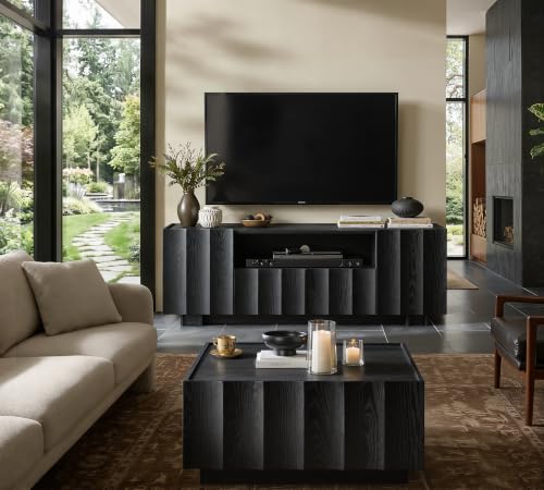 win2win 61" Modern TV Stand with Storage, Wave Design, Black | Media TV Console for Living Room Bedroom, Entertainment Center for 70 Inch TV, Wood Grain Finish, Adjustable Shelves - color: Black